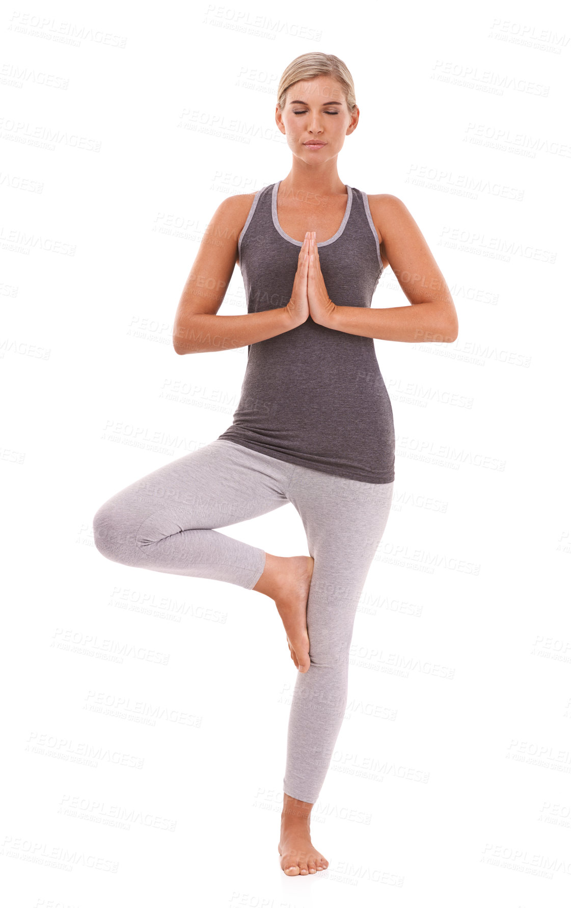 Buy stock photo Yoga meditation, balance and relax woman meditate for healthcare, spiritual soul aura or chakra energy healing. Zen mindfulness, mindset peace and model pilates workout on white background studio