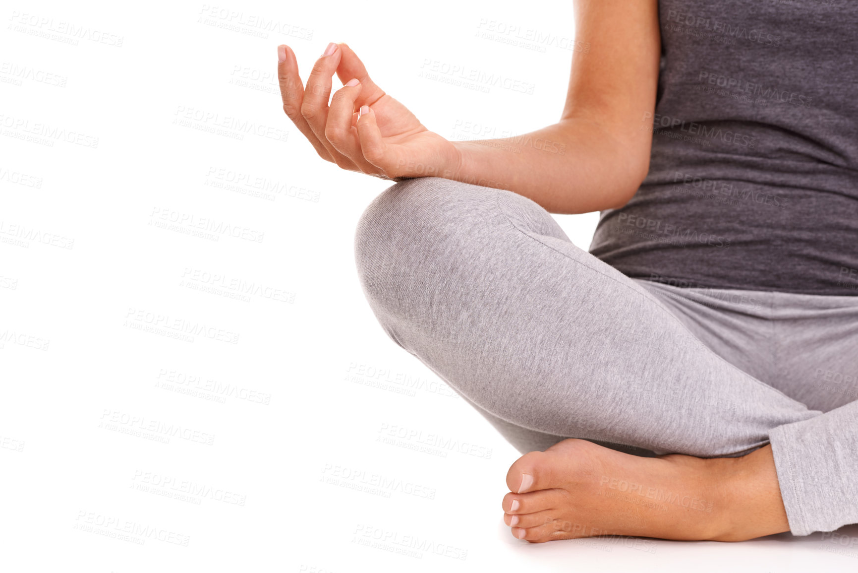 Buy stock photo Yoga meditation, wellness and relax woman meditate for chakra energy healing, spiritual soul aura or pilates mock up. Lotus mockup, zen mindset peace and model mindfulness on white background studio