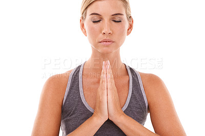 Buy stock photo Yoga meditation, healthcare and relax woman meditate for pilates wellness, spiritual soul aura or chakra energy healing. Namaste, zen mindset peace and model mindfulness on white background studio
