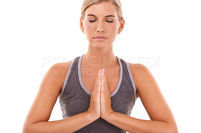 Buy stock photo Yoga meditation, zen and relax woman meditate for pilates healthcare, spiritual soul aura or chakra energy healing. Namaste wellness, mindset peace and model mindfulness on white background studio
