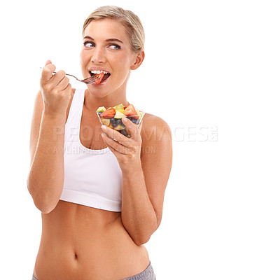 Buy stock photo Diet, eating and portrait of woman with fruit salad, healthy and happy isolated on white background. Health, fruit and salad, beautiful happy woman with food for weight loss and thin waist in studio.