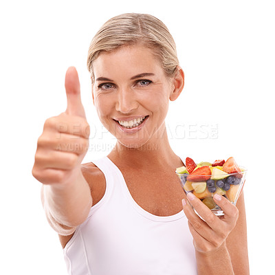 Buy stock photo Diet, fruit salad and portrait of woman with thumbs up, eating healthy and happy isolated on white background. Health, salad and nutrition, beautiful happy woman with fruit, food and yes hand gesture