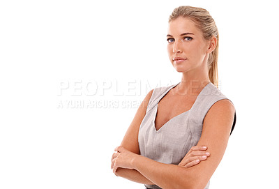 Buy stock photo Business, portrait and woman with crossed arms in a studio with a classy corporate outfit. Success, professional and face of a young female model with leadership by white background with mockup space