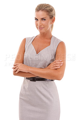 Buy stock photo Business, fashion and portrait of a woman in a studio with crossed arms and a classy corporate outfit. Success, business and young female model from Canada with leadership posing by white background.
