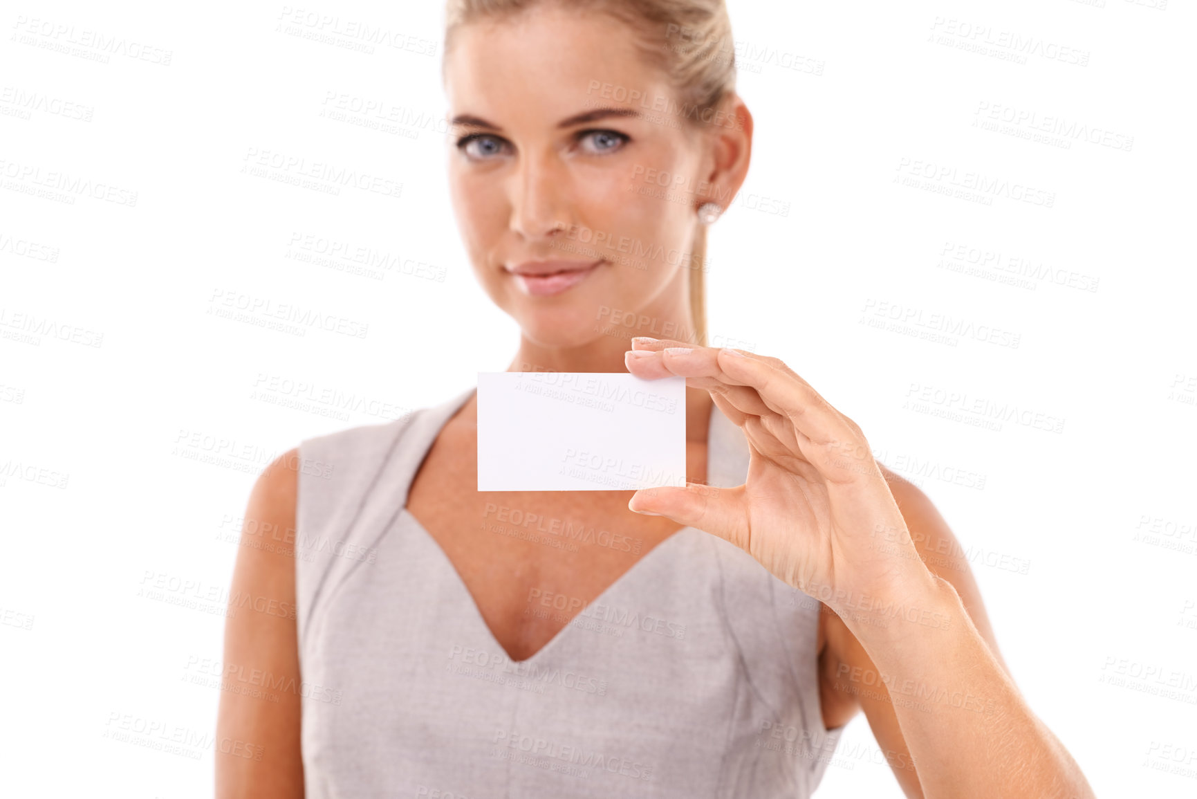 Buy stock photo Business card mockup, studio and portrait of woman with marketing, advertising or product placement space. Contact info mock up, corporate promo sign and professional worker girl on white background