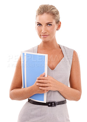 Buy stock photo Portrait, businesswoman and paper folder with white background, documents and report. Female corporate worker, employee and paperwork in studio of receptionist, young entrepreneur or secretary staff