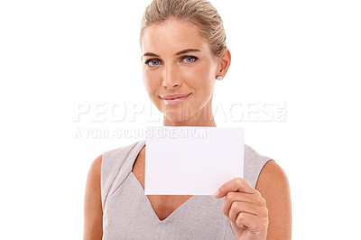 Buy stock photo Business card mockup, smile and portrait of woman with marketing, advertising or product placement space. Contact info mock up, corporate promo sign and professional worker on white background studio
