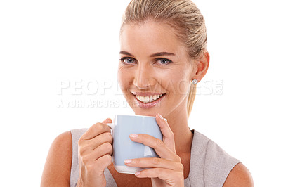 Buy stock photo Business woman, portrait or drinking coffee on isolated white background in recruitment ideas, innovation or vision. Smile, happy or corporate worker with tea cup, human resources goals or hr mockup