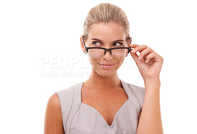 Buy stock photo Thinking business woman, face and glasses on isolated white background for cv review ideas or recruitment innovation. Happy, curious or corporate worker with vision eyewear for human resources goals
