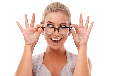 Buy stock photo Shock, excited and portrait of a woman with spectacles in a studio with a omg, wow or wtf facial expression. Shocked, surprise and smart female model from Australia with glasses by a white background