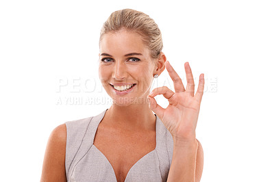 Buy stock photo Hand sign, ok and portrait of woman with smile on face, agreement and understanding on white background. Motivation, agreement and good job finger gesture, happy woman in studio with work empowerment