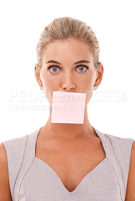 Buy stock photo Sticky note, studio and face portrait of woman with marketing space, advertising or product placement mockup. Business reminder mock up, silence and professional employee girl on white background