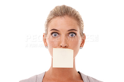 Buy stock photo Sticky note, wow and shocked face of woman with covered mouth isolated against a studio white background. Portrait of surprised, alert and censored caucasian corporate female or entrepreneur