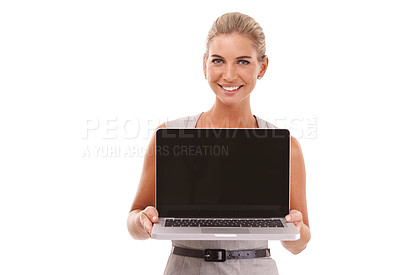 Buy stock photo Laptop mockup, portrait and businesswoman with white background isolated in studio for advertising space. Happy worker, female model and computer technology, website and digital marketing platform