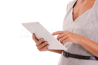 Buy stock photo Hands, business woman and tablet in studio, isolated on white background or mockup space. Closeup worker, female model and digital technology for corporate management, internet advertising or web app