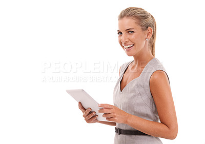Buy stock photo Portrait, business woman and tablet in studio, isolated on white background and mockup space. Happy worker, female model and digital technology for corporate management, internet advertising and web