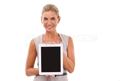 Buy stock photo Tablet mockup, portrait and businesswoman with white background isolated in studio for advertising space. Happy worker, female model and digital mock up screen, website and email marketing platform