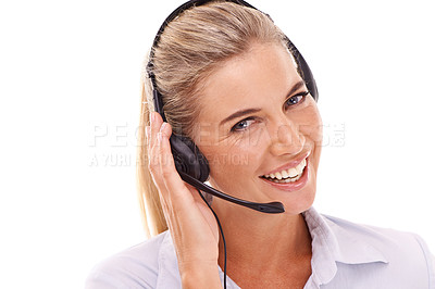 Buy stock photo Happy call center, face portrait and woman consulting on contact us CRM, telemarketing or customer support. Telecom microphone, customer service communication and consultant talk on white background