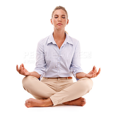 Buy stock photo Yoga meditation, relax and business woman meditate for work stress relief, spiritual mental health or chakra energy healing. Lotus, zen mindset peace and girl mindfulness on white background studio