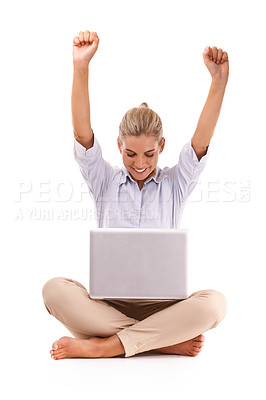 Buy stock photo Laptop, celebration and business woman excited for financial profit, stock market growth or investment success. Economy, online bitcoin mining or girl trading crypto, forex or nft on white background