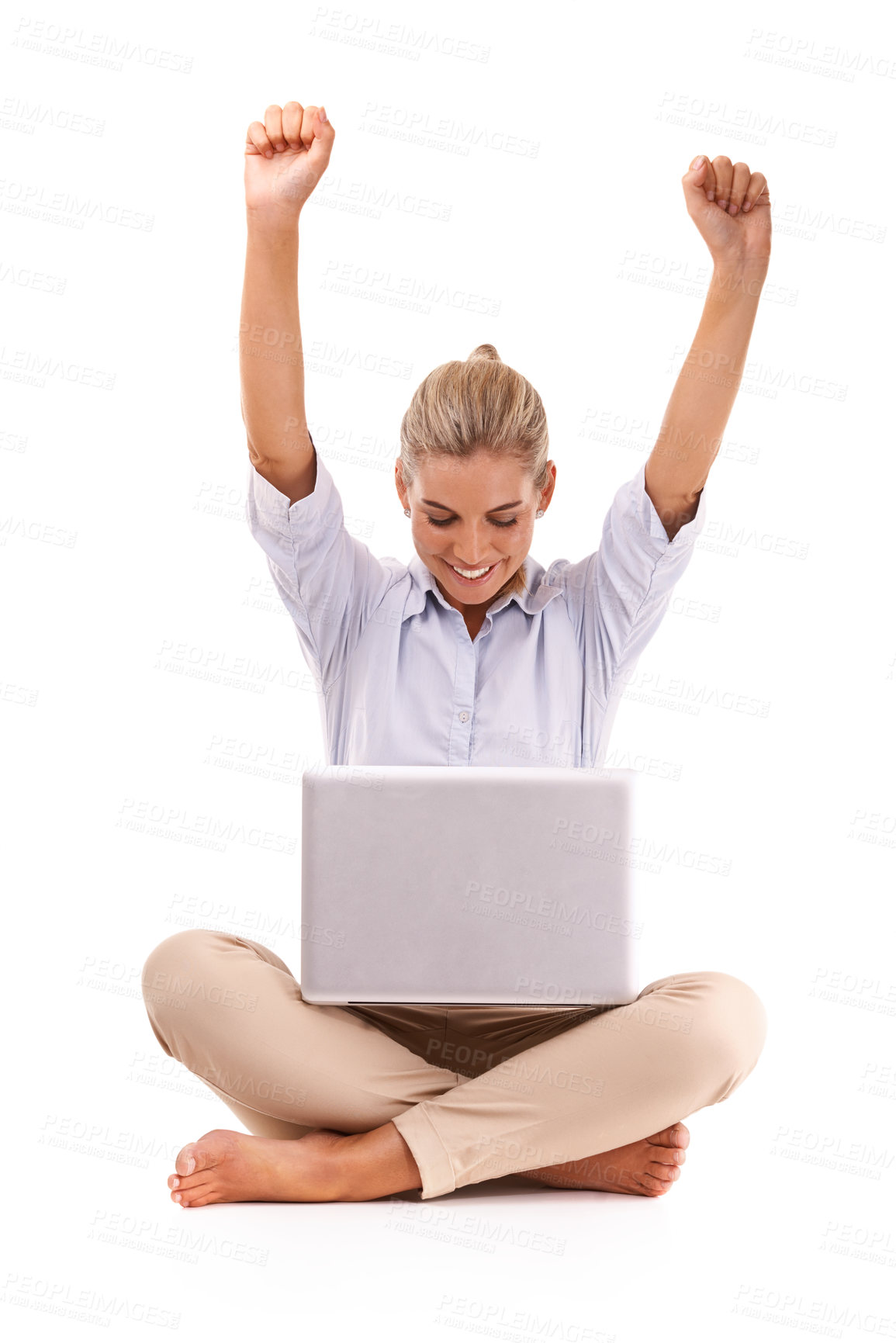 Buy stock photo Laptop, celebration and business woman excited for financial profit, stock market growth or investment success. Economy, online bitcoin mining or girl trading crypto, forex or nft on white background