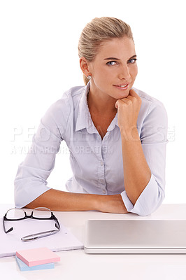 Buy stock photo Business woman, portrait or laptop on isolated white background for cv review, job interview or recruitment. Smile, happy or human resources manager with technology, paper documents or vision ideas
