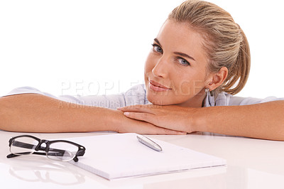 Buy stock photo Business woman, portrait or documents desk on isolated white background in cv review, recruitment or strategy planning. Happy, human resources or hr worker and paper ideas or mockup innovation vision