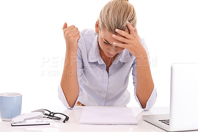 Buy stock photo Burnout, headache and business woman stress over bad crypto investment, stock market crash or finance loss. Accounting documents, administration problem crisis and sad accountant on white background