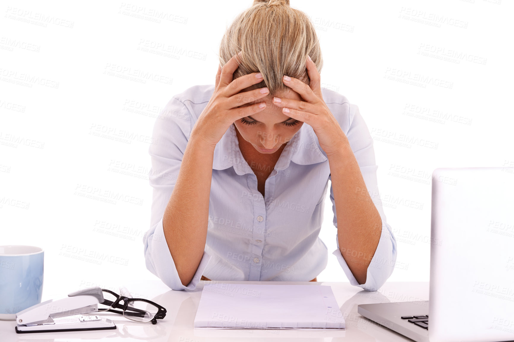 Buy stock photo Mental health, burnout and business woman stress over bad crypto investment, stock market crash or finance loss. Accounting documents, administration problem crisis and accountant on white background