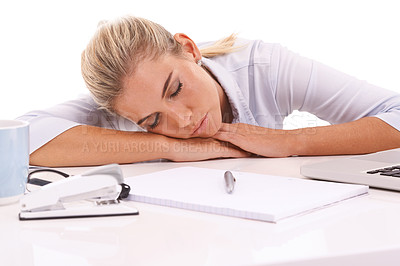 Buy stock photo Sleeping, tired business woman with notebook for planning, writing and working at desk on white background studio. Worker, employee or writer with fatigue, mental health problem and depression