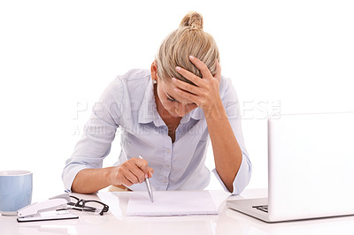 Buy stock photo Mental health, frustrated and business woman stress over crypto investment crisis, stock market crash or finance loss. Accounting notebook, administration problem and accountant on white background