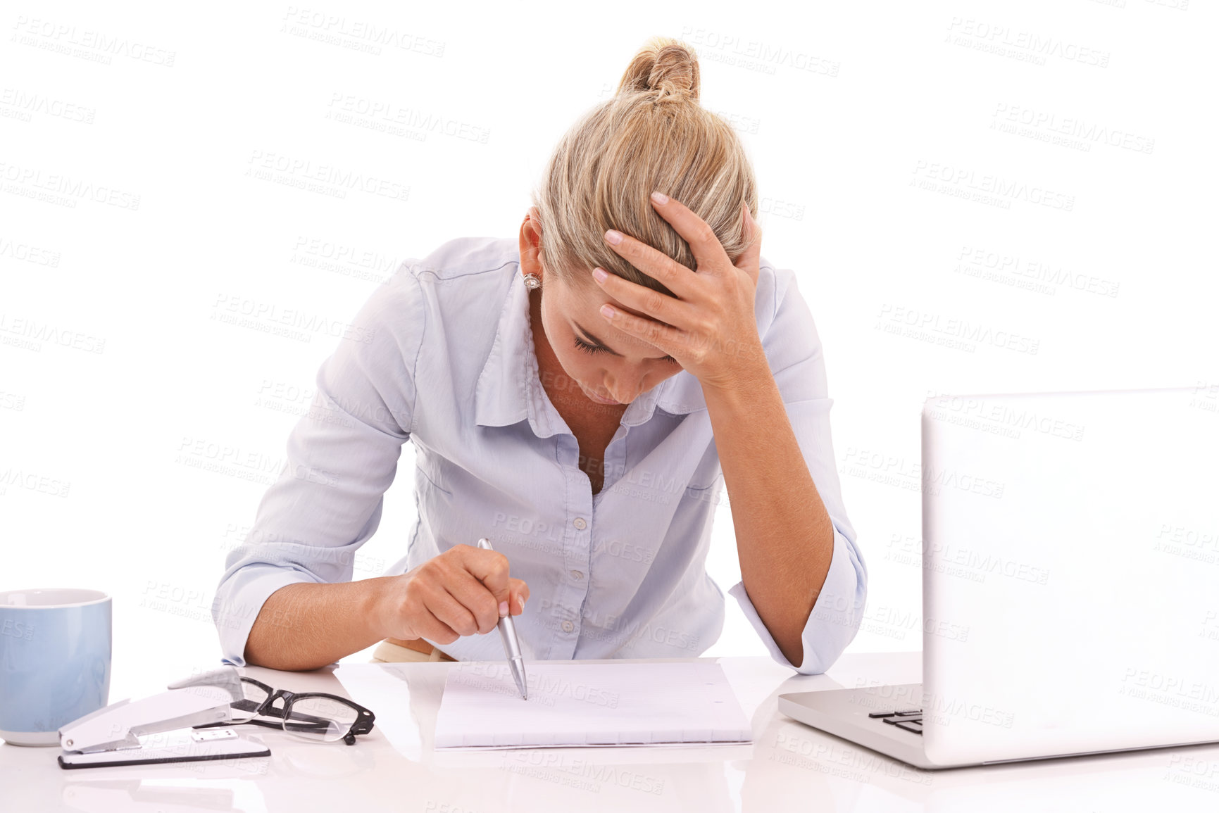 Buy stock photo Mental health, frustrated and business woman stress over crypto investment crisis, stock market crash or finance loss. Accounting notebook, administration problem and accountant on white background