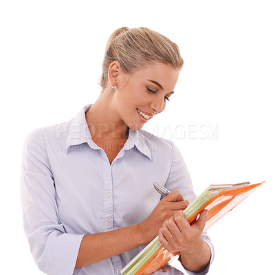 Buy stock photo Planning, sign and business woman writing on document, strategy and paperwork on studio background. Corporate, plan and secretary with a report, documents or paper for a survey on a white background