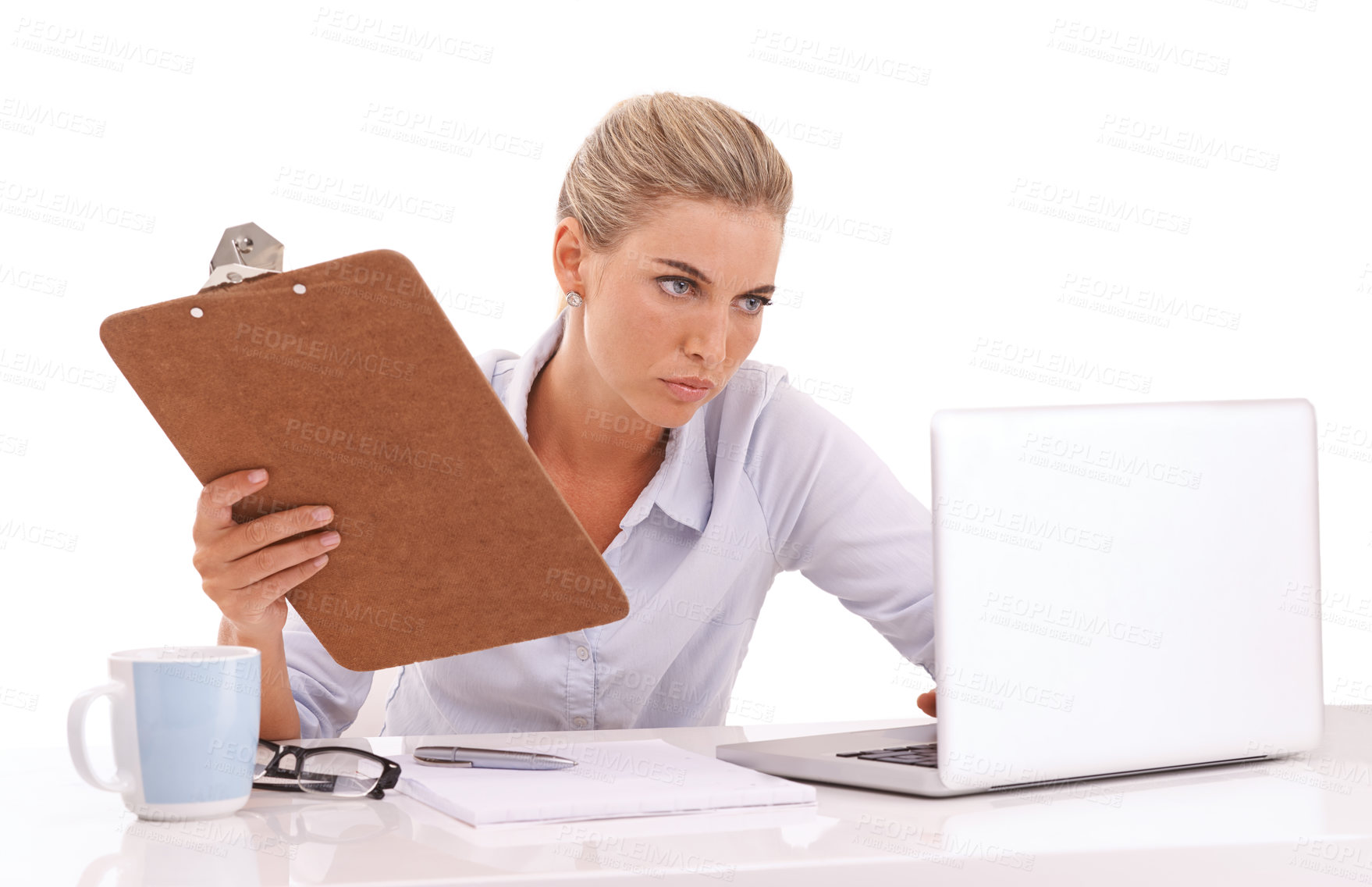 Buy stock photo Thinking business woman, laptop or clipboard on white background for cv review or recruitment advertising. Human resources, hr or worker with technology, paper documents or isolated innovation vision