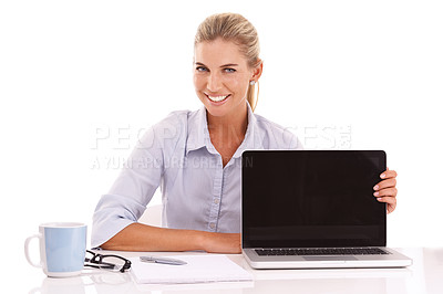 Buy stock photo Laptop mockup, portrait and businesswoman on an isolated, studio background for advertising space. Happy worker, female model and computer technology, website and digital marketing platform