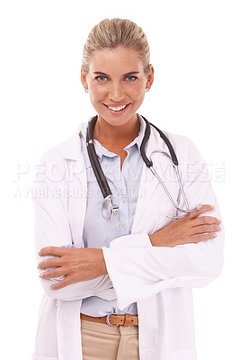 Buy stock photo Portrait, doctor and woman with arms crossed in studio isolated on a white background. Face, healthcare wellness and smile of happy, confident and proud female medical worker or physician from Canada
