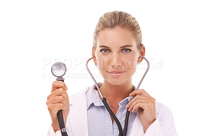 Buy stock photo Face, healthcare doctor and woman with stethoscope in studio on a white background. Portrait, cardiology and female medical cardiologist from Canada holding equipment for heart health and wellness.