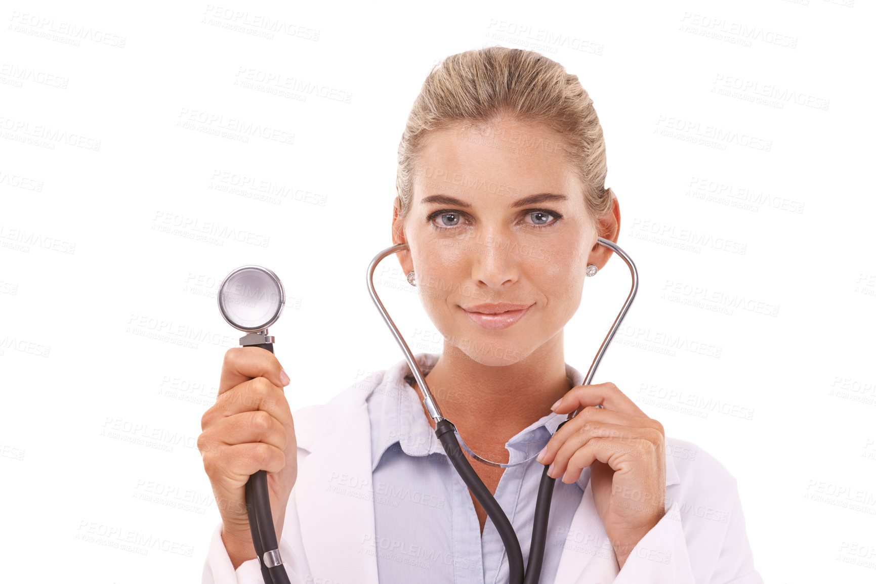 Buy stock photo Face, healthcare doctor and woman with stethoscope in studio on a white background. Portrait, cardiology and female medical cardiologist from Canada holding equipment for heart health and wellness.