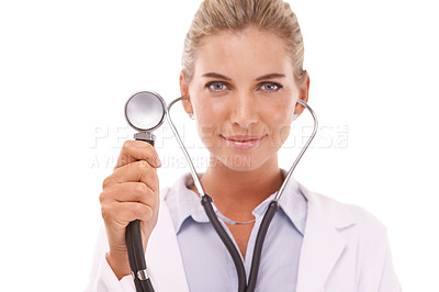 Buy stock photo Healthcare doctor, face and woman with stethoscope in studio on a white background. Portrait, cardiology and female medical cardiologist from Canada holding equipment for heart health and wellness.
