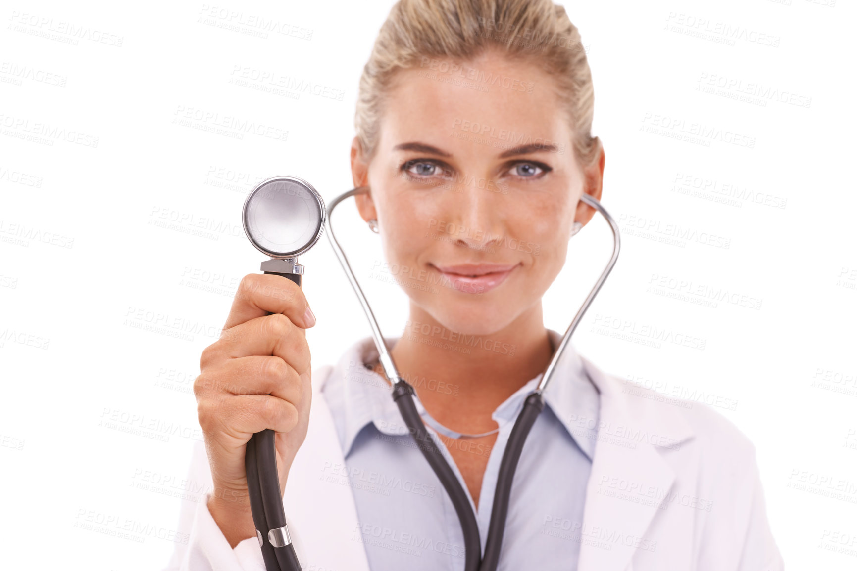 Buy stock photo Healthcare doctor, face and woman with stethoscope in studio on a white background. Portrait, cardiology and female medical cardiologist from Canada holding equipment for heart health and wellness.