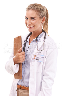 Buy stock photo Portrait, healthcare doctor and woman with checklist in studio isolated on white background. Face, wellness and female medical worker from Canada with clipboard for research, prescription or schedule