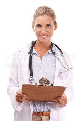 Buy stock photo Portrait, woman and healthcare doctor with checklist in studio on a white background. Face, wellness and happy female medical worker from Canada with clipboard for research, prescription or schedule.