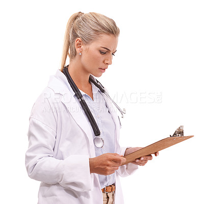 Buy stock photo Worried healthcare doctor with clipboard on a white background reading lab results for hospital data. Confused medical worker or woman paperwork, documents or report for health exam on studio mockup