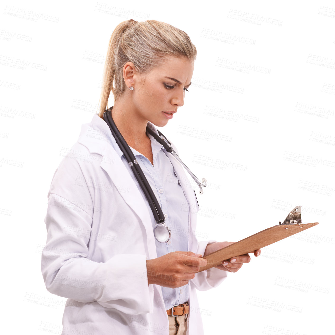 Buy stock photo Worried healthcare doctor with clipboard on a white background reading lab results for hospital data. Confused medical worker or woman paperwork, documents or report for health exam on studio mockup