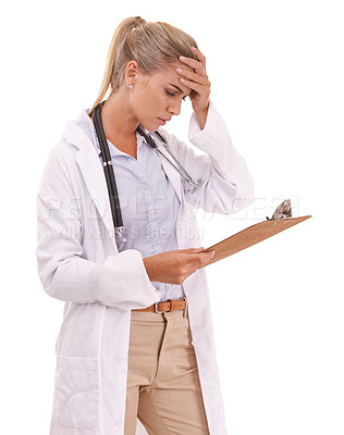 Buy stock photo Stress, problem and doctor reading a report, healthcare chart or lab results on a studio background. Mistake, check and woman with medical charts anxiety, research and survey on a white background