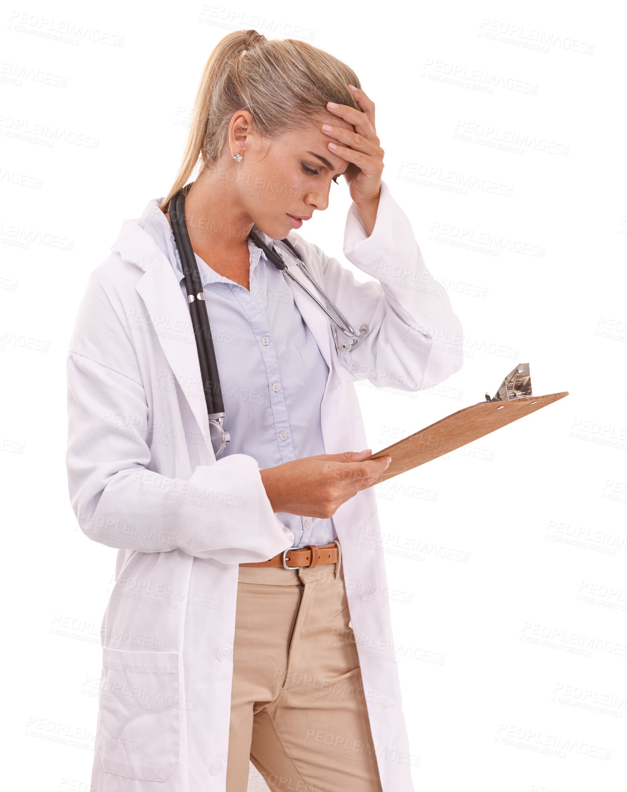 Buy stock photo Stress, problem and doctor reading a report, healthcare chart or lab results on a studio background. Mistake, check and woman with medical charts anxiety, research and survey on a white background