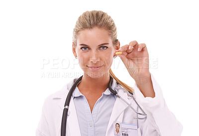 Buy stock photo Portrait of pharmacist and hand holding pills on a white background for medicine, product or pharmacy. Doctor with smile on her face for healthcare drugs or supplements in studio mockup for brand