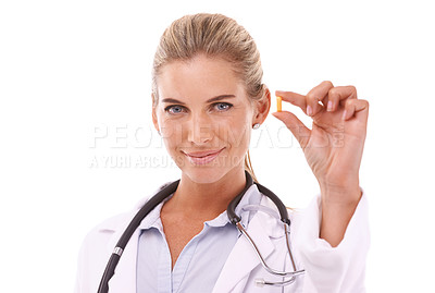 Buy stock photo Portrait, pills and healthcare with a doctor woman in studio on a white background for health or insurance. Medical, tablet and pharmaceutical product with a female pharmacist holding medicine