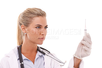 Buy stock photo Woman doctor, healthcare and syringe for a injection on a white background for health and wellness. Face of a female medical worker with medicine, drugs or vaccine shot mockup in hand in studio