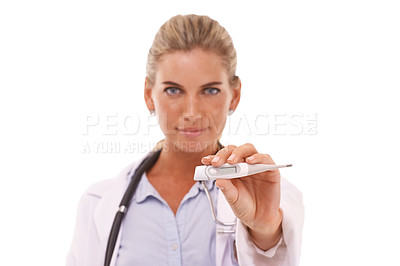 Buy stock photo Woman, doctor and holding thermometer for healthcare, checkup or medical examination against a white studio background. Portrait of female health specialist or expert with temperature stick for test